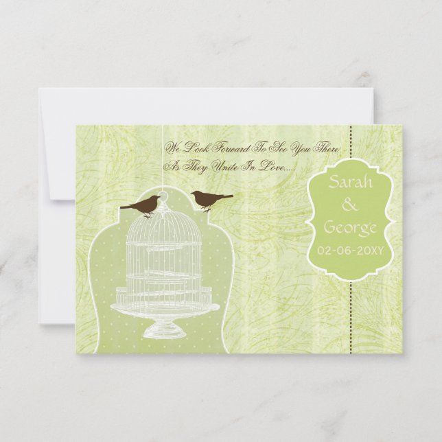 jaula de pájaro verde de moda, aves amorosas RSVP  (Anverso)