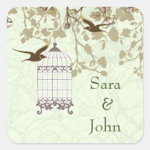 jaula de pájaro verde floral, sello para sobres de