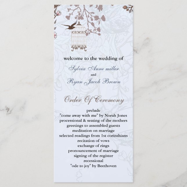 jaula floral de aves azules, programas de bodas de (Anverso)