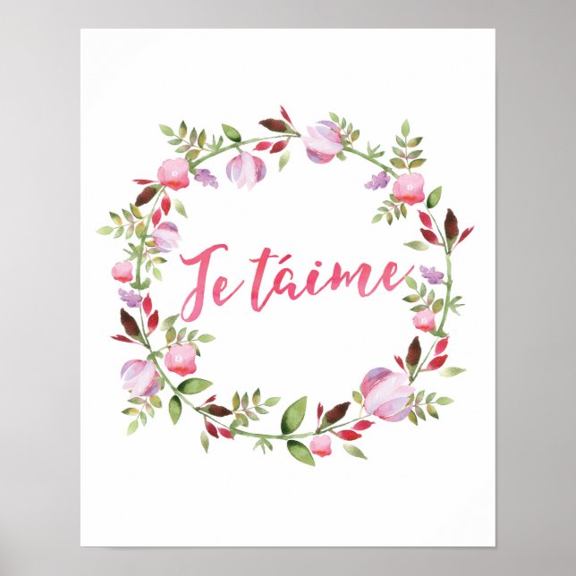 Je taime tipografía floral cita impresión poster (Frente)