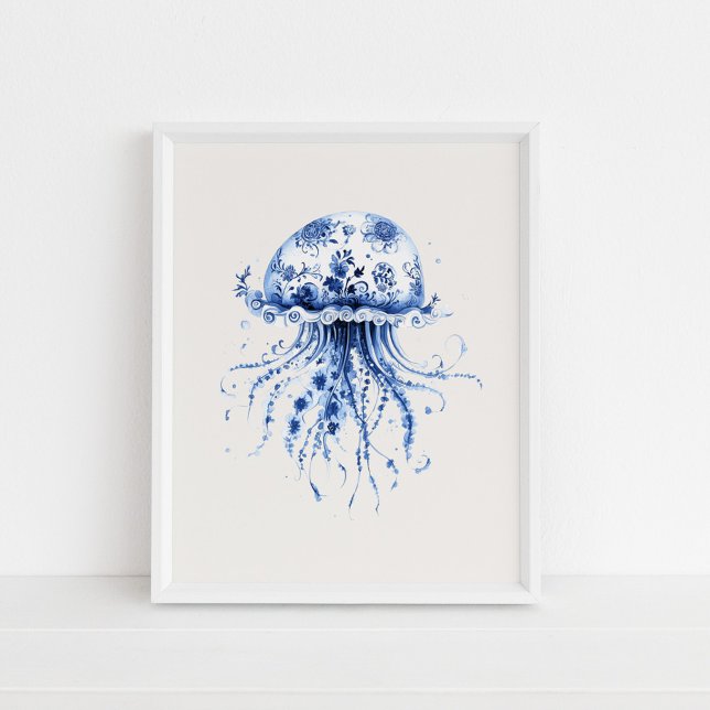 Jellyfish - Azul costero en arte de pared beige (Jellyfish – Coastal Blue on Beige Wall Art in a white frame on the floor.)