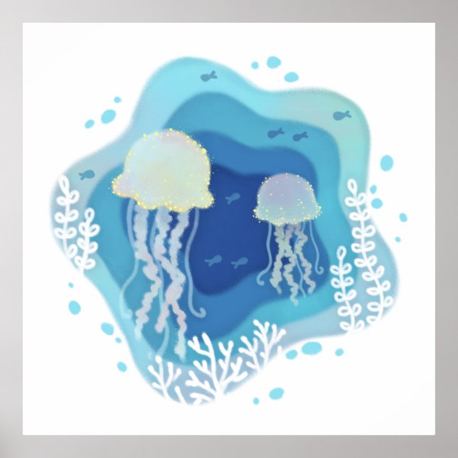 Jellyfish en el Ilustracion de Arte de Papel Oceán (Frente)
