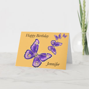 Jennifer, tarjeta púrpura de la mariposa del feliz