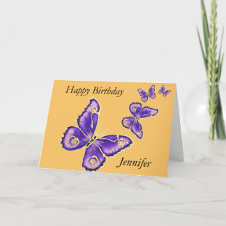Jennifer, tarjeta púrpura de la mariposa del feliz