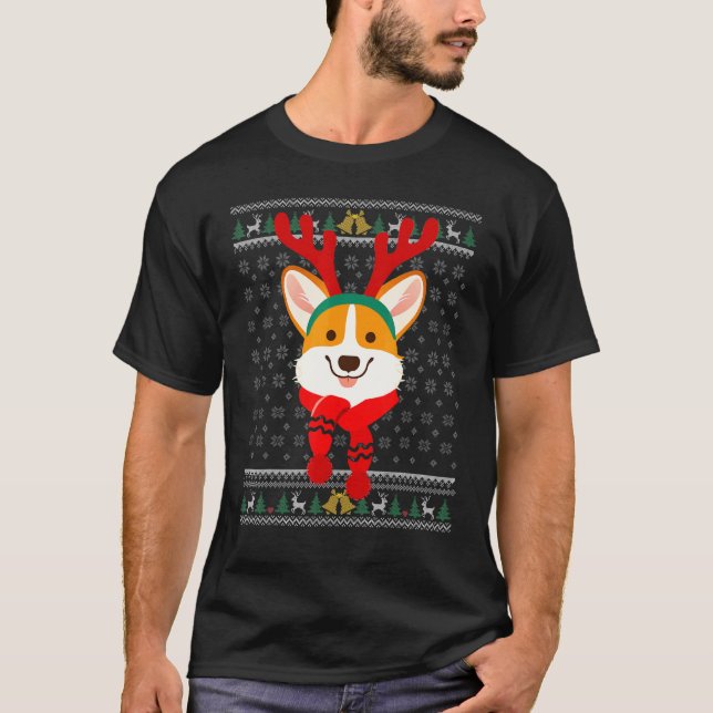 Jersey Feo de Navidad Reno Corgi Bufanda de Fiesta (Anverso)