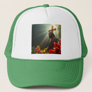 Jesucristo en el sombrero de camionero del jardín
