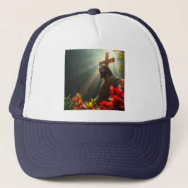 Jesucristo en el sombrero de camionero del jardín