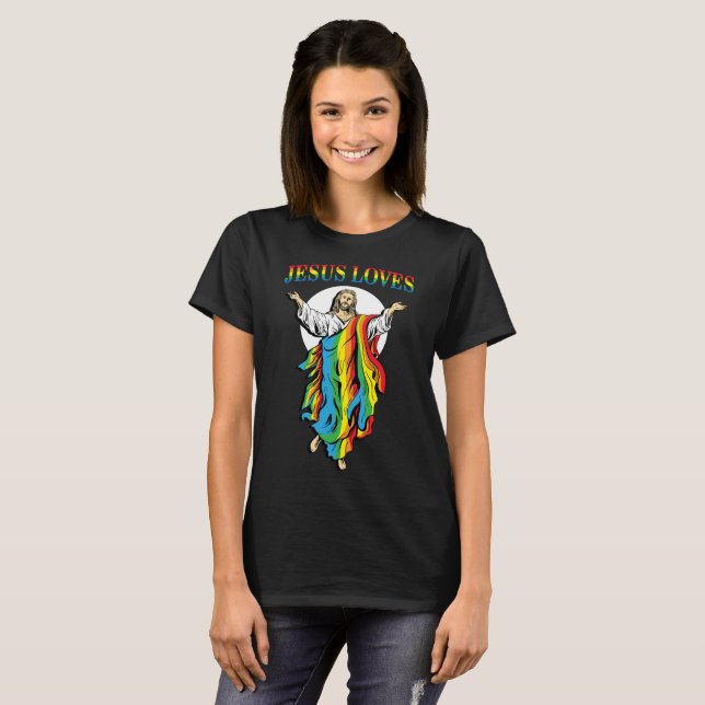 Jesús ama la camiseta del arco iris LGBT del (Anverso completo)