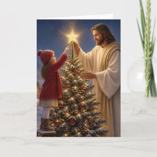 Jesús Ayuda a Niña a Decorar el Árbol de Navidad