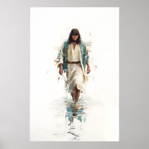 Jesús Camina Sobre el Agua Acuarela Arte Cristiano