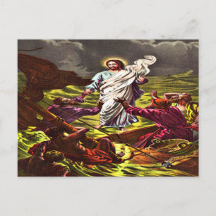 Jesús camina sobre la postal del agua