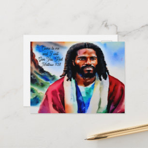 Jesús en la tarjeta postal de acuarela de la monta
