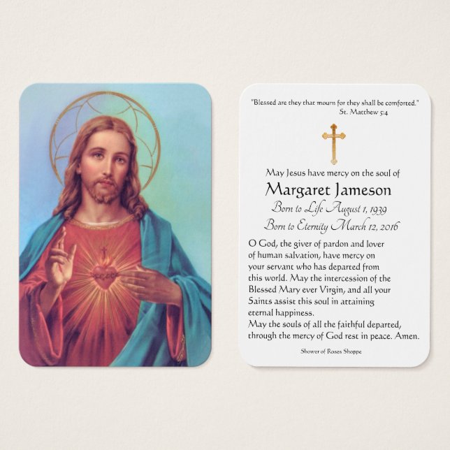 Jesus Heart Catholic Funeral Memorial Holy Card - (Anverso y reverso)