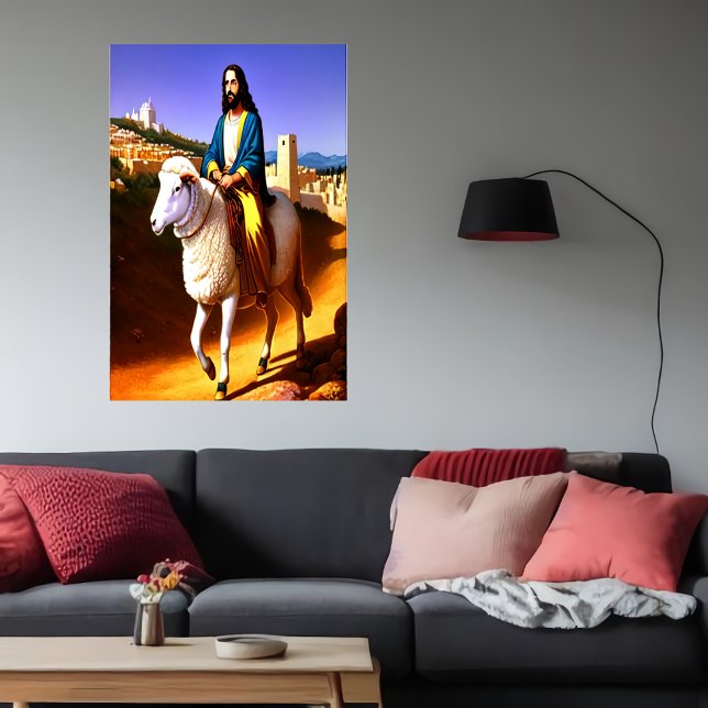 Jesús montado en una oveja | Poster de arte de IA (Subido por el creador)