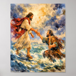 Jesús Rescatando a Pedro Póster de Arte Cristiano