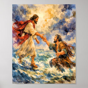 Jesús Rescatando a Pedro Póster de Arte Cristiano