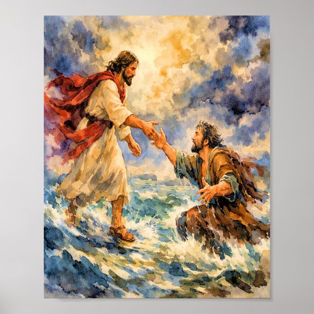 Jesús Rescatando a Pedro Póster de Arte Cristiano (Frente)