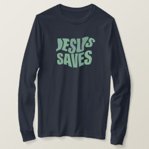 Jesus Saves Impresión azul Camiseta de manga lar
