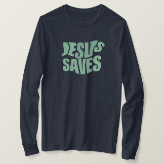 Jesus Saves |Impresión azul| Camiseta de manga lar