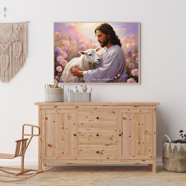 Jesús sosteniendo el cordero perdido Arte Cristian (Religious Poster Jesus Holding the Lamb The Lord is My Shepherd Art)