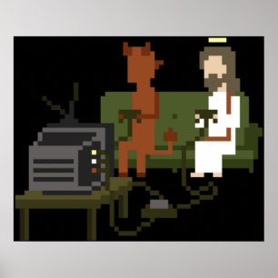 Jesús Y El Diablo Jugando Videojuegos Arte Pixel