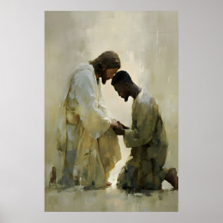 Jesús y hombre negro orando Impresión Cristiano mo