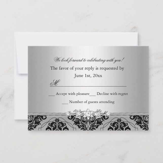 Jewel y Black Damask Silver RSVP (Anverso)