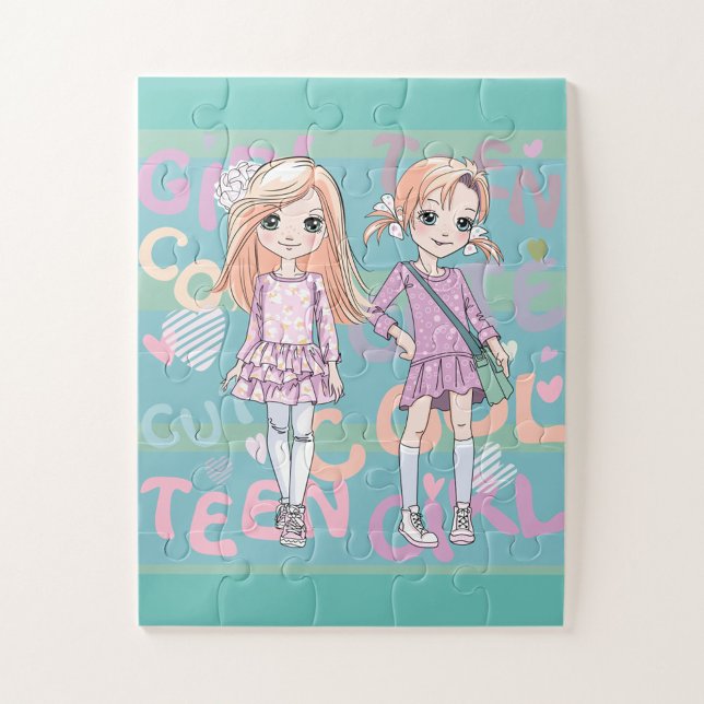Jigsaw Puzzle (Illustration of a jigsaw puzzle featuring two Caucasian girls, standing side by side.)