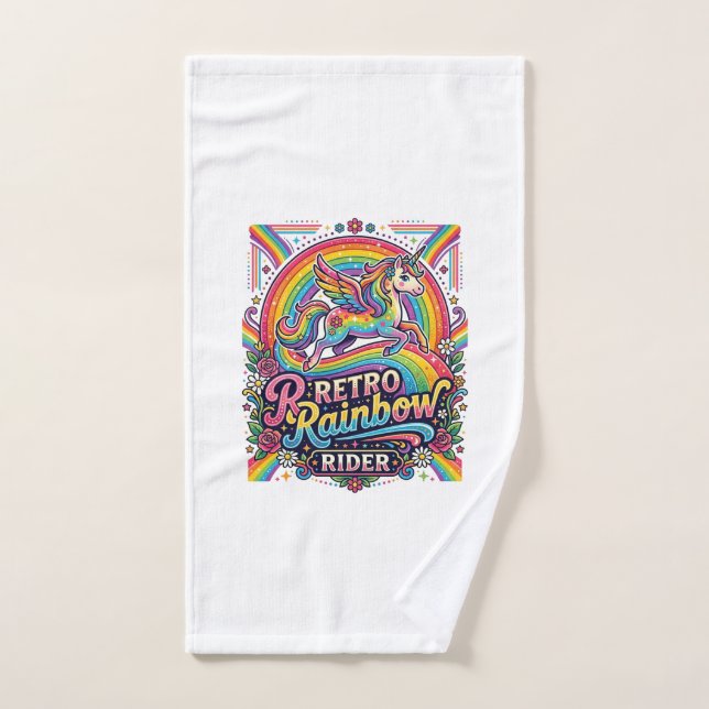Jinete de Arcoíris Retro Unicornio (Toalla de mano)