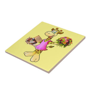 Jirafa de Azulejo Cerámico, Floral, Chocolate, Ama