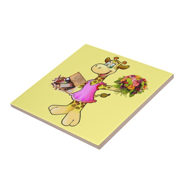 Jirafa de Azulejo Cerámico, Floral, Chocolate, Ama (Lado)