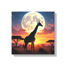 Jirafa de la luna al atardecer africano en lienzo