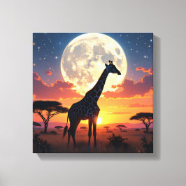 Jirafa de la luna al atardecer africano en lienzo