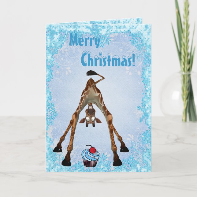 Jirafa divertida y tarjeta de Navidad azul de la (Anverso)