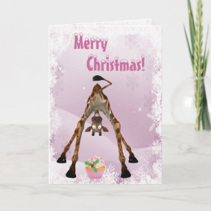 Jirafa divertida y tarjeta de Navidad rosada de la