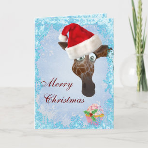 Jirafa linda y tarjeta de Navidad rosada de la