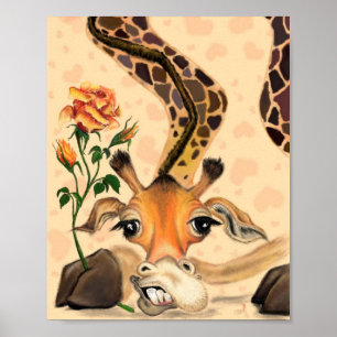 Jirafa Romántica con Póster de Pintura de Rosa
