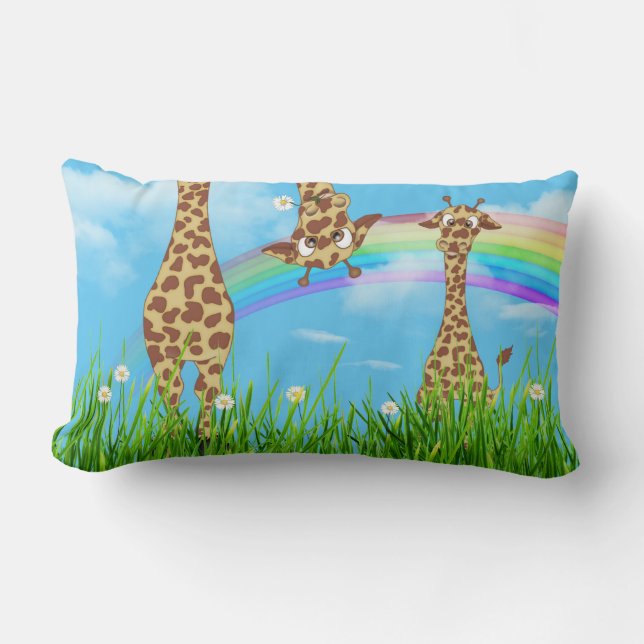 jirafas en hierba con almohada lumbar arco iris (Anverso)