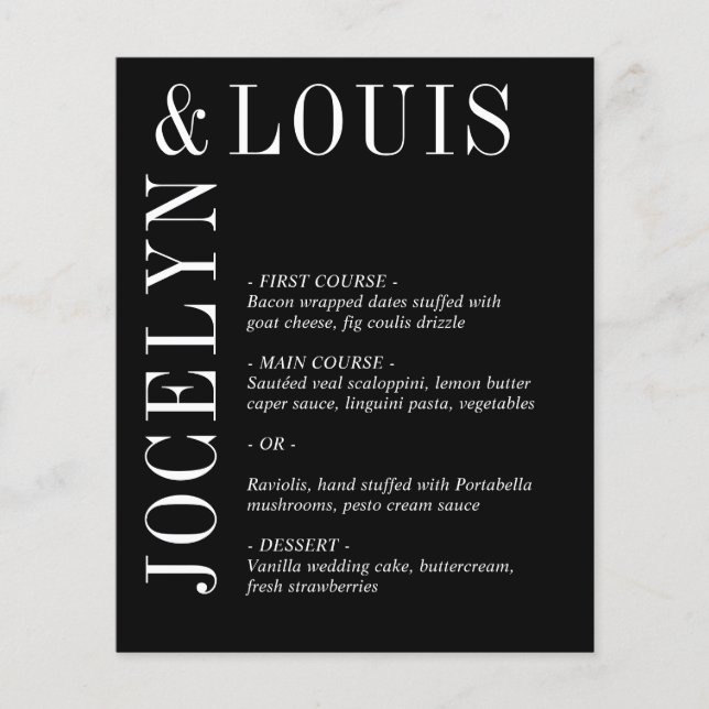 Jocelyn Black Modern Boda Menu (Anverso)