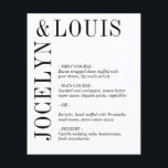 Jocelyn Menú Boda moderno en blanco y negro<br><div class="desc">Menú boda moderno con un diseño minimalista en blanco y negro con sus nombres en una fuente grande a lo largo del lado izquierdo y superior. Este diseño es lo suficientemente sencillo para un boda formal,  pero hace una declaración audaz.</div>