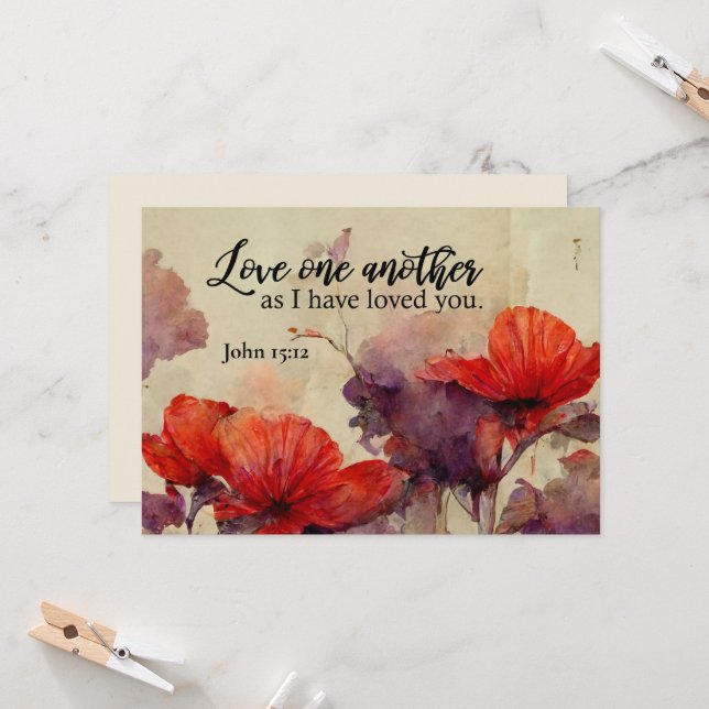 John 15:12 Love Bible Verse Red Floral Flat Card (Anverso/Reverso In Situ)