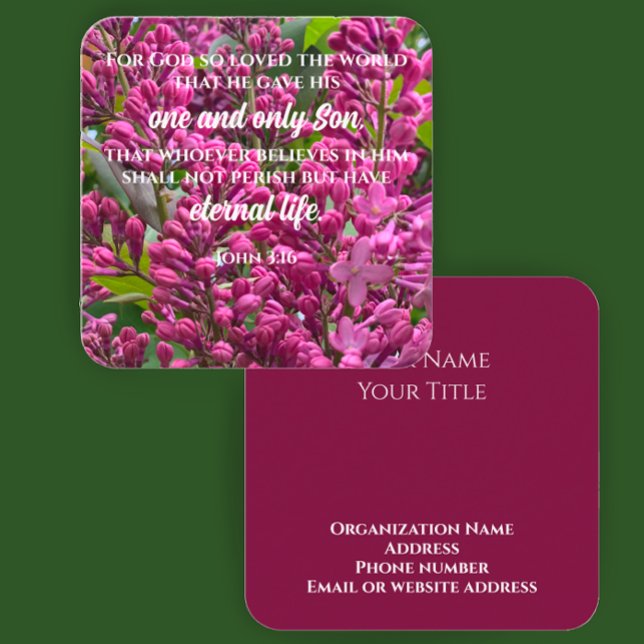 John 3:16 Personalizado de foto de flor de tarjeta (John 3:16 Bible scripture verse cards on floral lilac photo. Elegant custom script business cards.
)