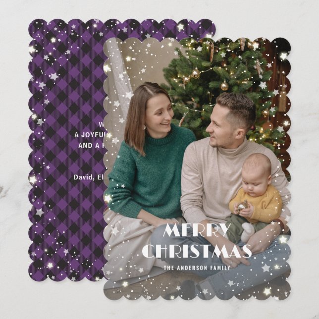 Jolly Purple Plaid Starry Photo Feliz Navidad (Anverso / Reverso)