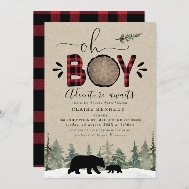 Jota de Lumberjack Oh Boy Flannel Invitación Baby  (Anverso / Reverso)