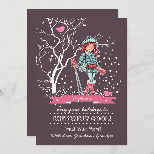 Jóven esquiadora Chica | Tarjetas de Navidad de no (Anverso / Reverso)