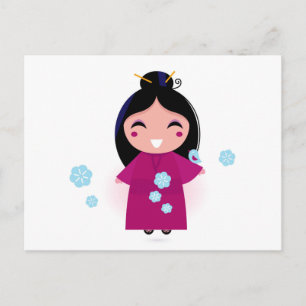 Joven japonesa con postal de Kimono