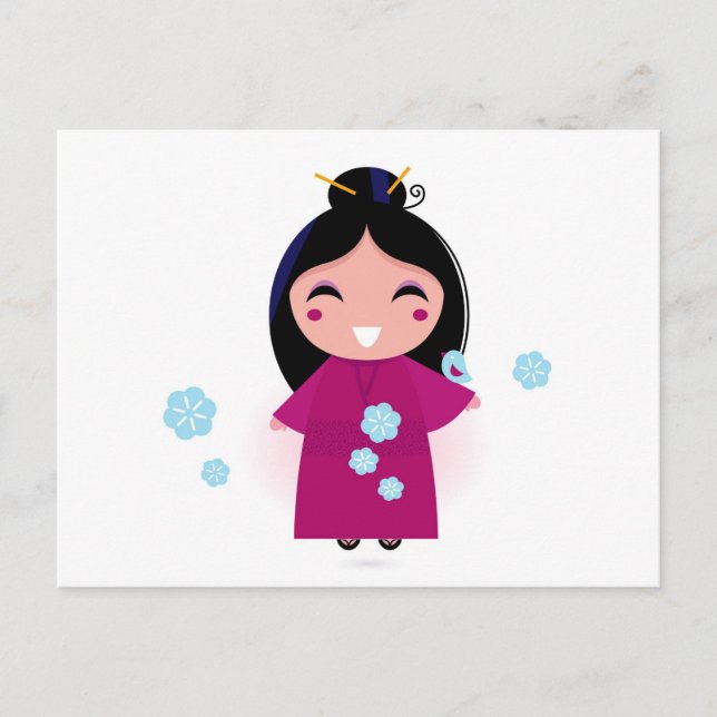 Joven japonesa con postal de Kimono (Anverso)