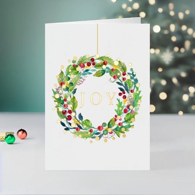 Joy Berry Wreath Folded Foil Holiday Card (Vacaciones in situ 2)