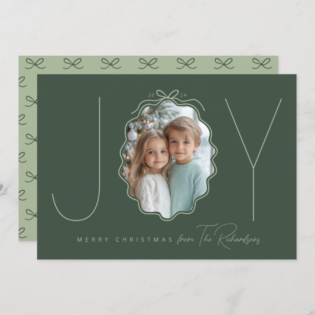 JOY Green Simple Bow Photo Navidad Tarjeta de vaca (Anverso / Reverso)