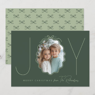 JOY Green Simple Bow Photo Navidad Tarjeta de vaca